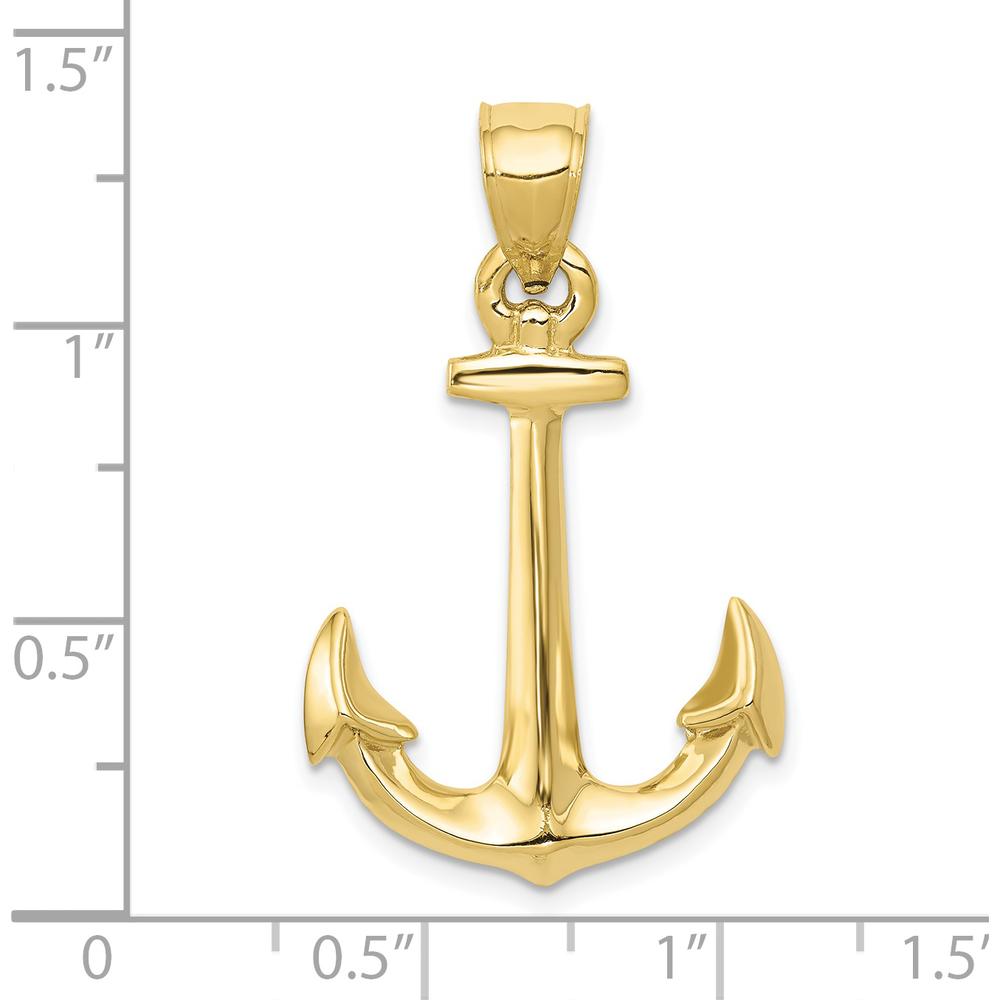 10K Yellow Gold 3D Anchor Pendant - Polished Finish, 35mm Length