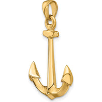 10K Yellow Gold 3D Anchor Pendant - Polished Finish, 35mm Length