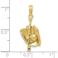 10K Yellow Gold 3D Baseball Glove, Bat, and Ball Pendant - Sports Jewelry Charm