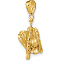 10K Yellow Gold 3D Baseball Glove, Bat, and Ball Pendant - Sports Jewelry Charm