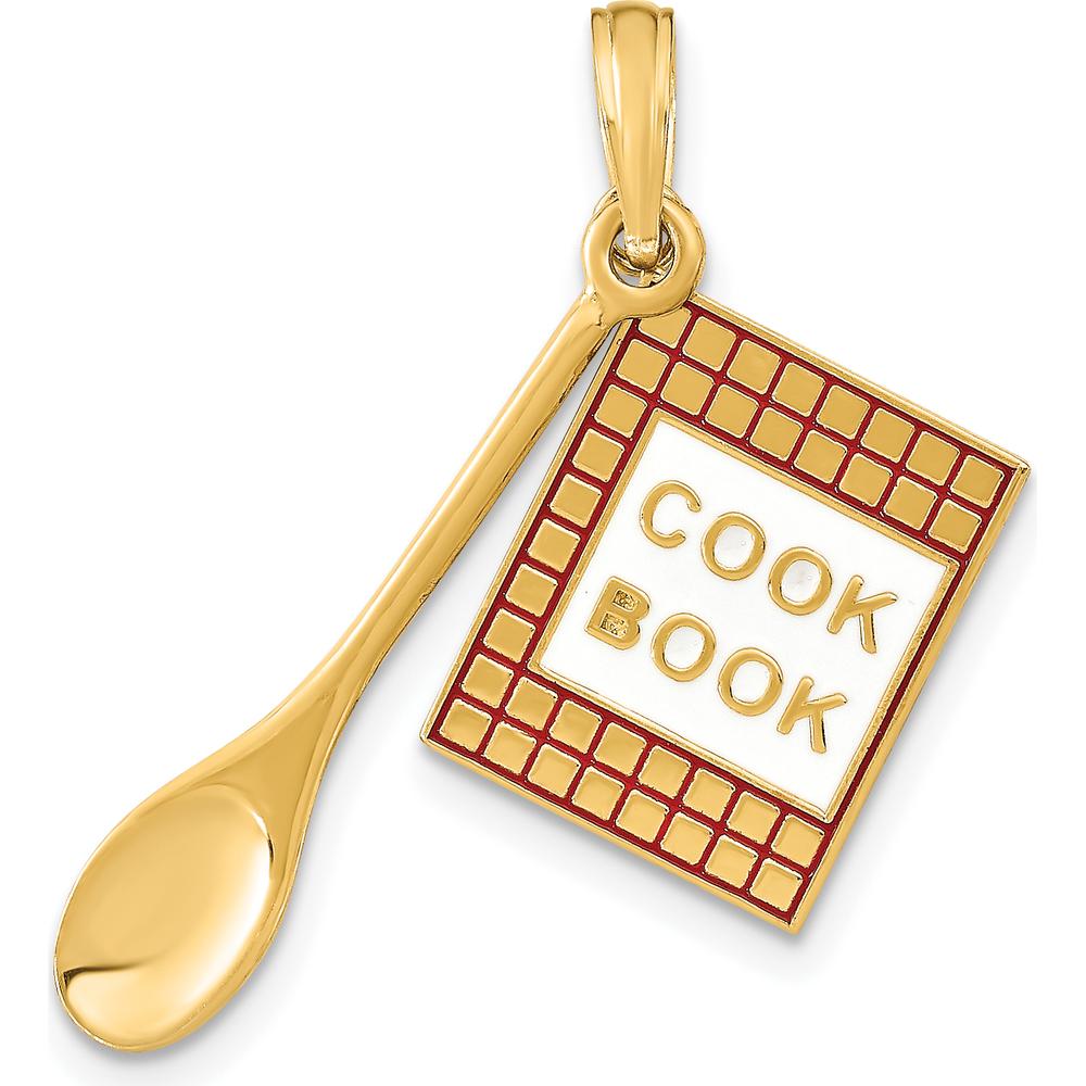 10K Yellow Gold 3D Cook Book and Spoon Charm with Red and White Enamel Accents
