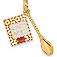 10K Yellow Gold 3D Cook Book and Spoon Charm with Red and White Enamel Accents