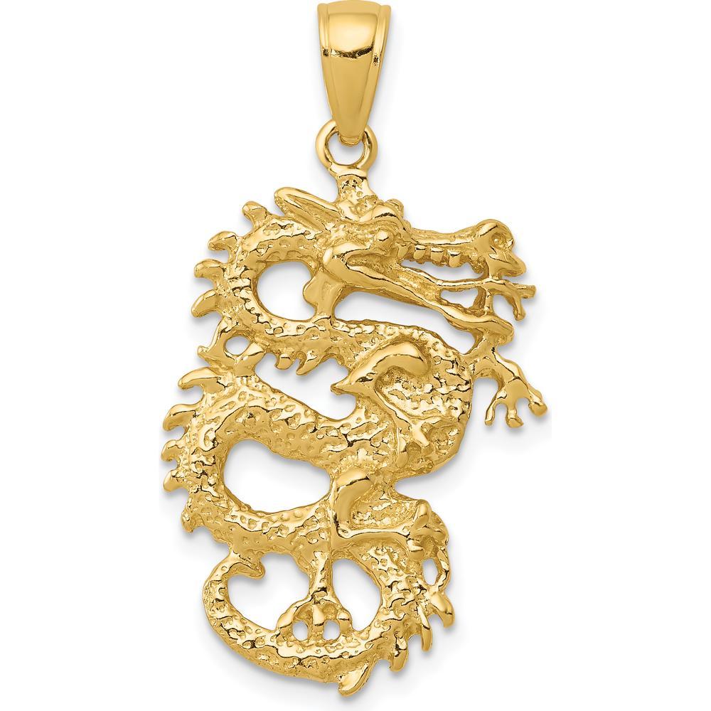 10K Yellow Gold 3D Dragon Pendant - Polished Finish - 31mm x 17mm