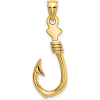 10K Yellow Gold 3D Fish Hook Pendant with Rope Detail - 34mm Length