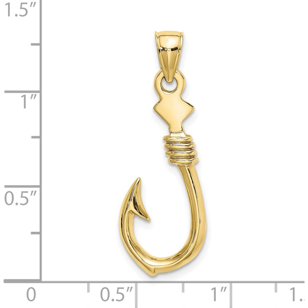 10K Yellow Gold 3D Fish Hook Pendant with Rope Detail - 34mm Length