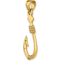 10K Yellow Gold 3D Fish Hook Pendant with Rope Detail - 34mm Length