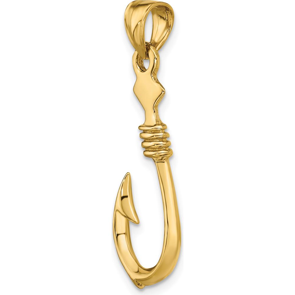 10K Yellow Gold 3D Fish Hook Pendant with Rope Detail - 34mm Length