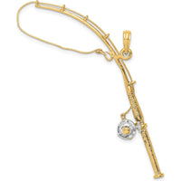 10K Yellow Gold 3D Fishing Pole Pendant with Rhodium Accents - 70.55mm Length