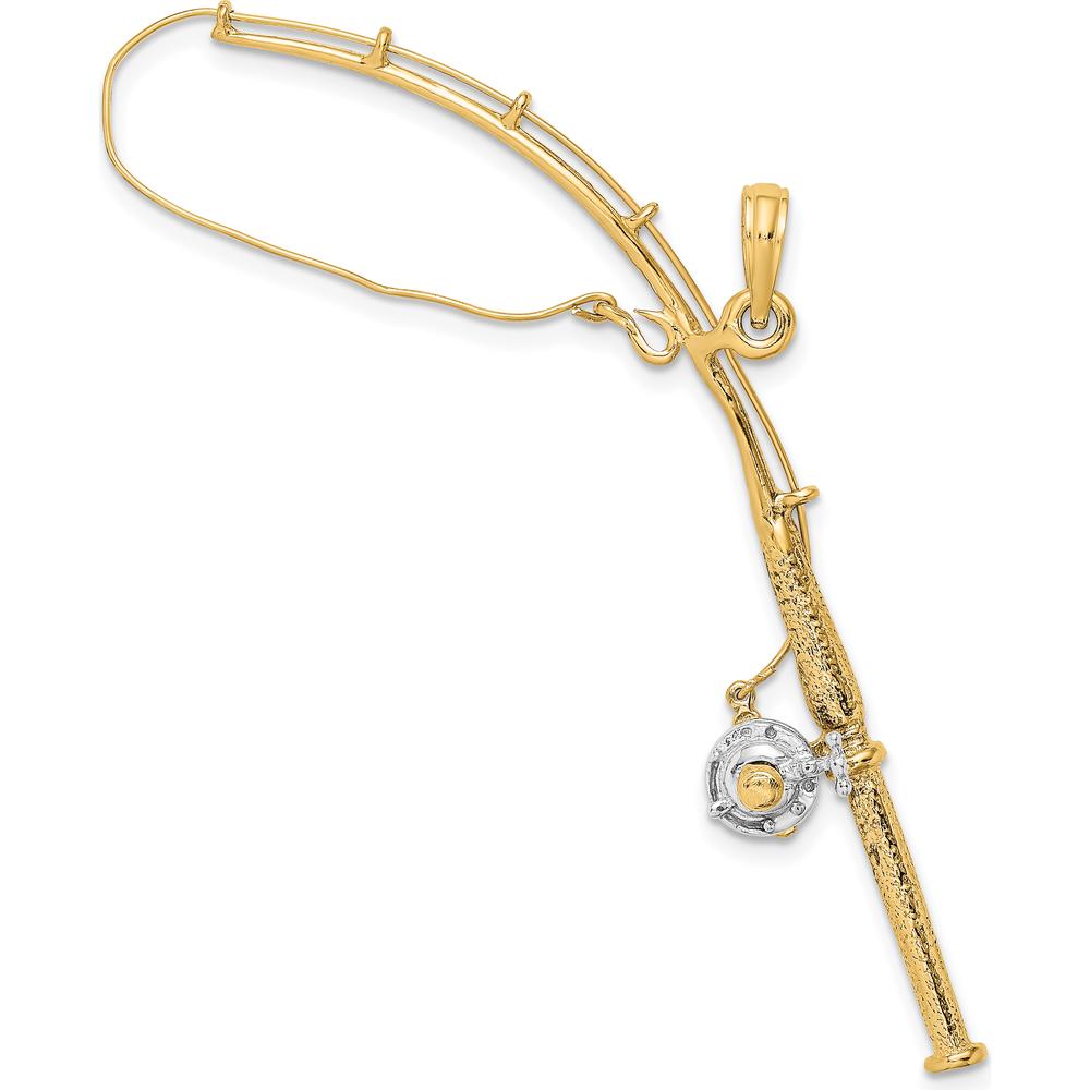 10K Yellow Gold 3D Fishing Pole Pendant with Rhodium Accents - 70.55mm Length