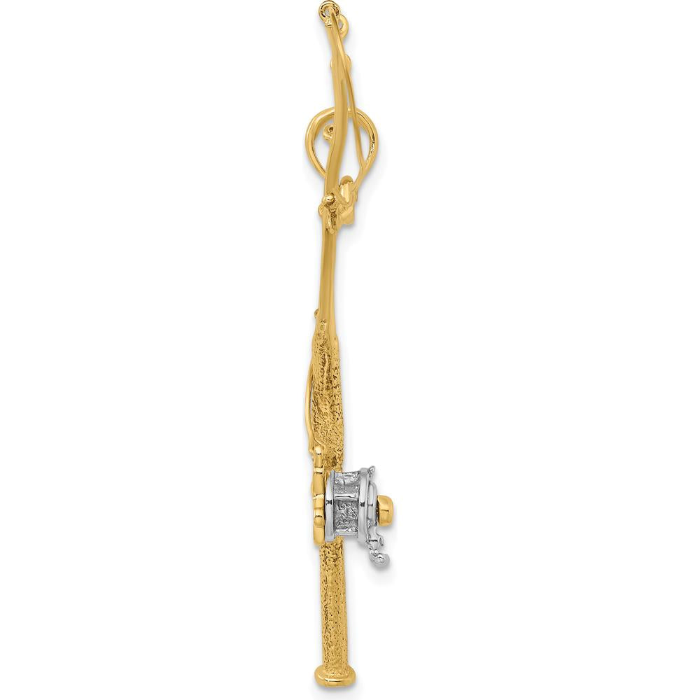 10K Yellow Gold 3D Fishing Pole Pendant with Rhodium Accents - 70.55mm Length