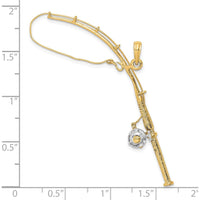 10K Yellow Gold 3D Fishing Pole Pendant with Rhodium Accents - 70.55mm Length