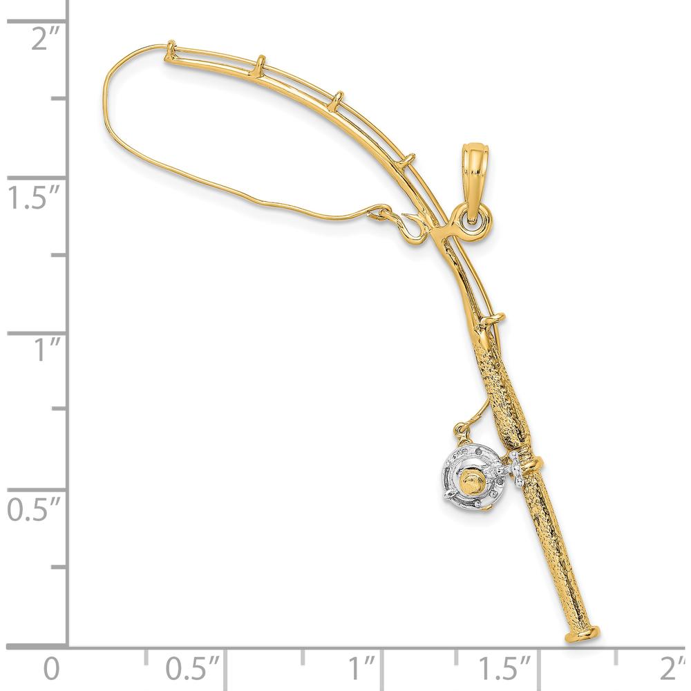 10K Yellow Gold 3D Fishing Pole Pendant with Rhodium Accents - 70.55mm Length