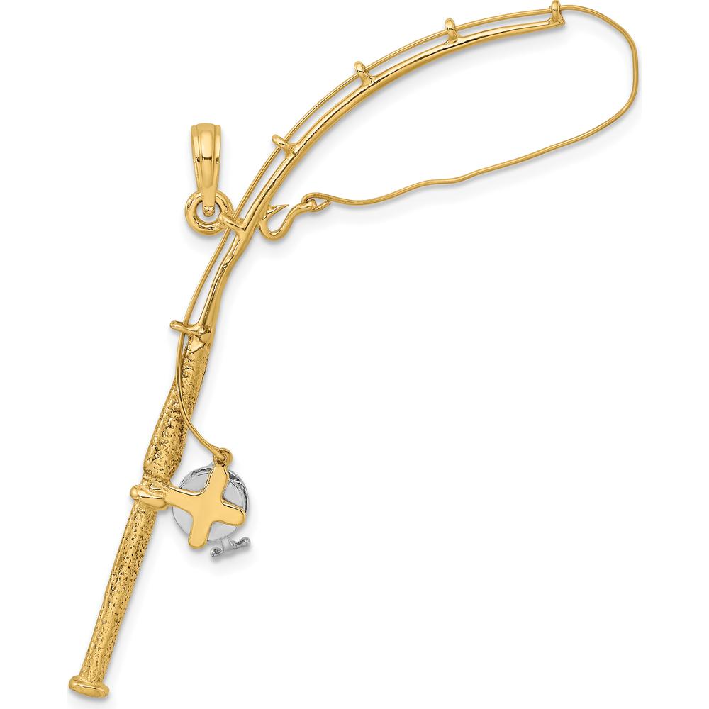 10K Yellow Gold 3D Fishing Pole Pendant with Rhodium Accents - 70.55mm Length