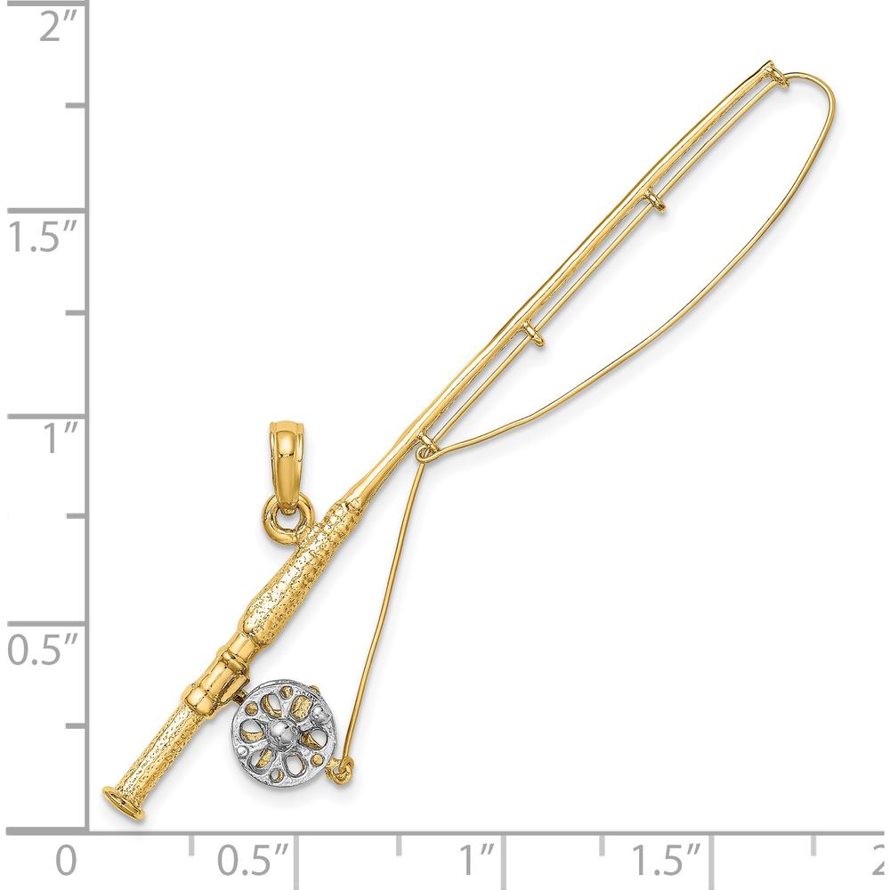 10K Yellow Gold 3D Fly Rod Fishing Pole Charm with Rhodium Accents