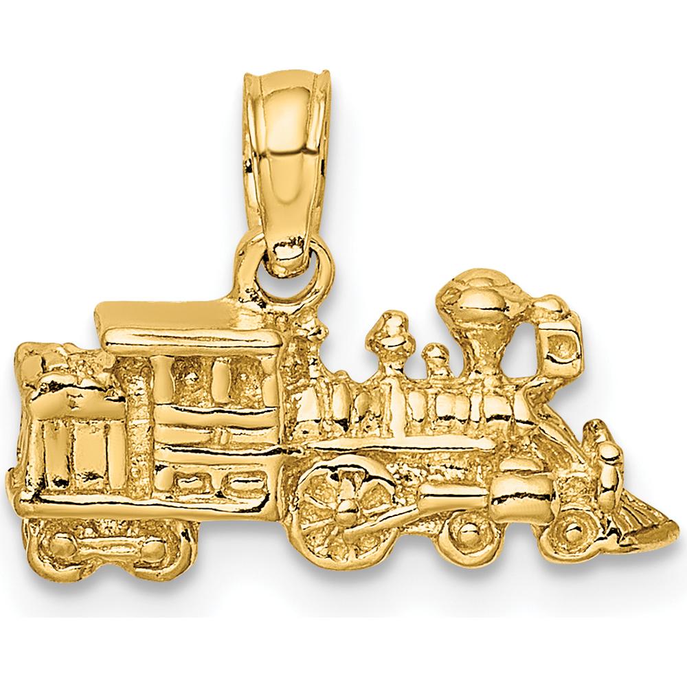 10K Yellow Gold 3D Locomotive Pendant - Polished Finish, 14mm Length, 16.3mm Width