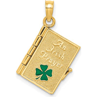 10K Yellow Gold 3D Moveable Enameled Irish Prayer Book with Green Clover Charm