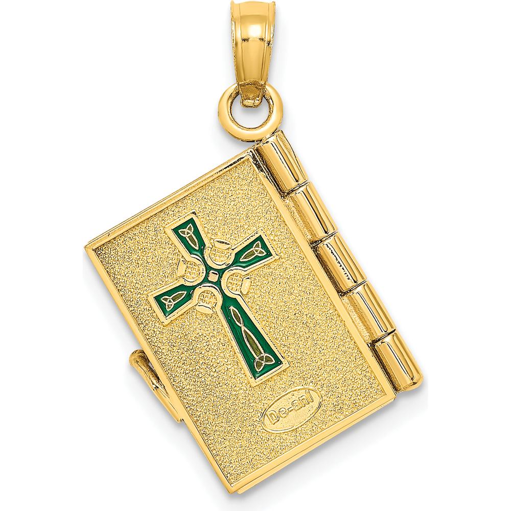 10K Yellow Gold 3D Moveable Enameled Irish Prayer Book with Green Clover Charm