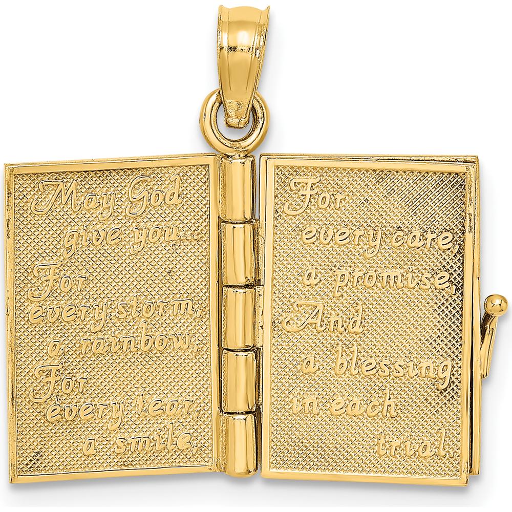 10K Yellow Gold 3D Moveable Enameled Irish Prayer Book with Green Clover Charm
