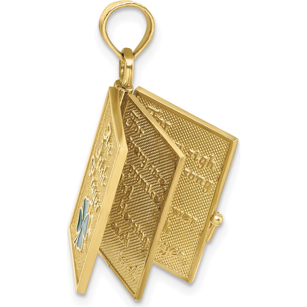 10K Yellow Gold 3D Moveable Enameled Irish Prayer Book with Green Clover Charm