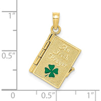 10K Yellow Gold 3D Moveable Enameled Irish Prayer Book with Green Clover Charm