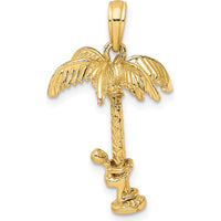 10K Yellow Gold 3D Palm Tree with Moveable Man Charm Pendant - Playful Tropical Inspired Jewelry