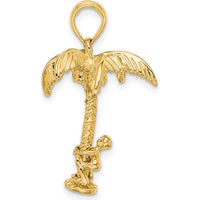 10K Yellow Gold 3D Palm Tree with Moveable Man Charm Pendant - Playful Tropical Inspired Jewelry