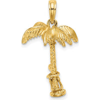 10K Yellow Gold 3D Palm Tree with Moveable Man Charm Pendant - Playful Tropical Inspired Jewelry