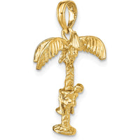 10K Yellow Gold 3D Palm Tree with Moveable Man Charm Pendant - Playful Tropical Inspired Jewelry