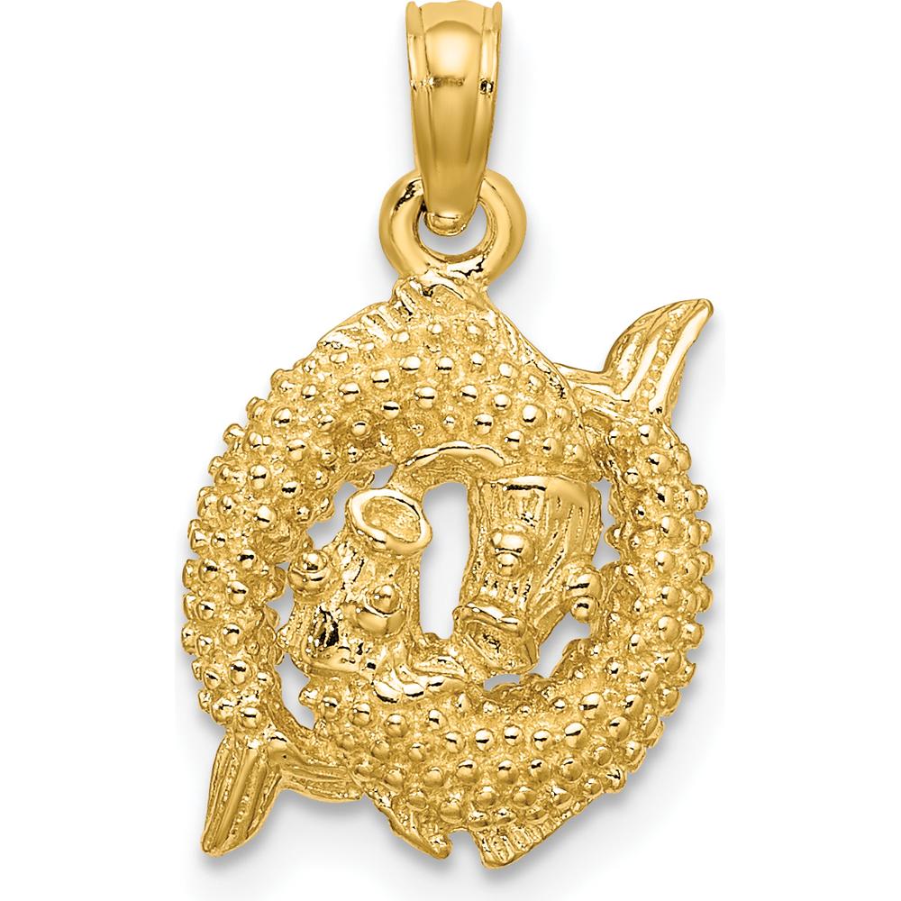 10K Yellow Gold 3D Pisces Zodiac Pendant with Textured Design - Polished Finish