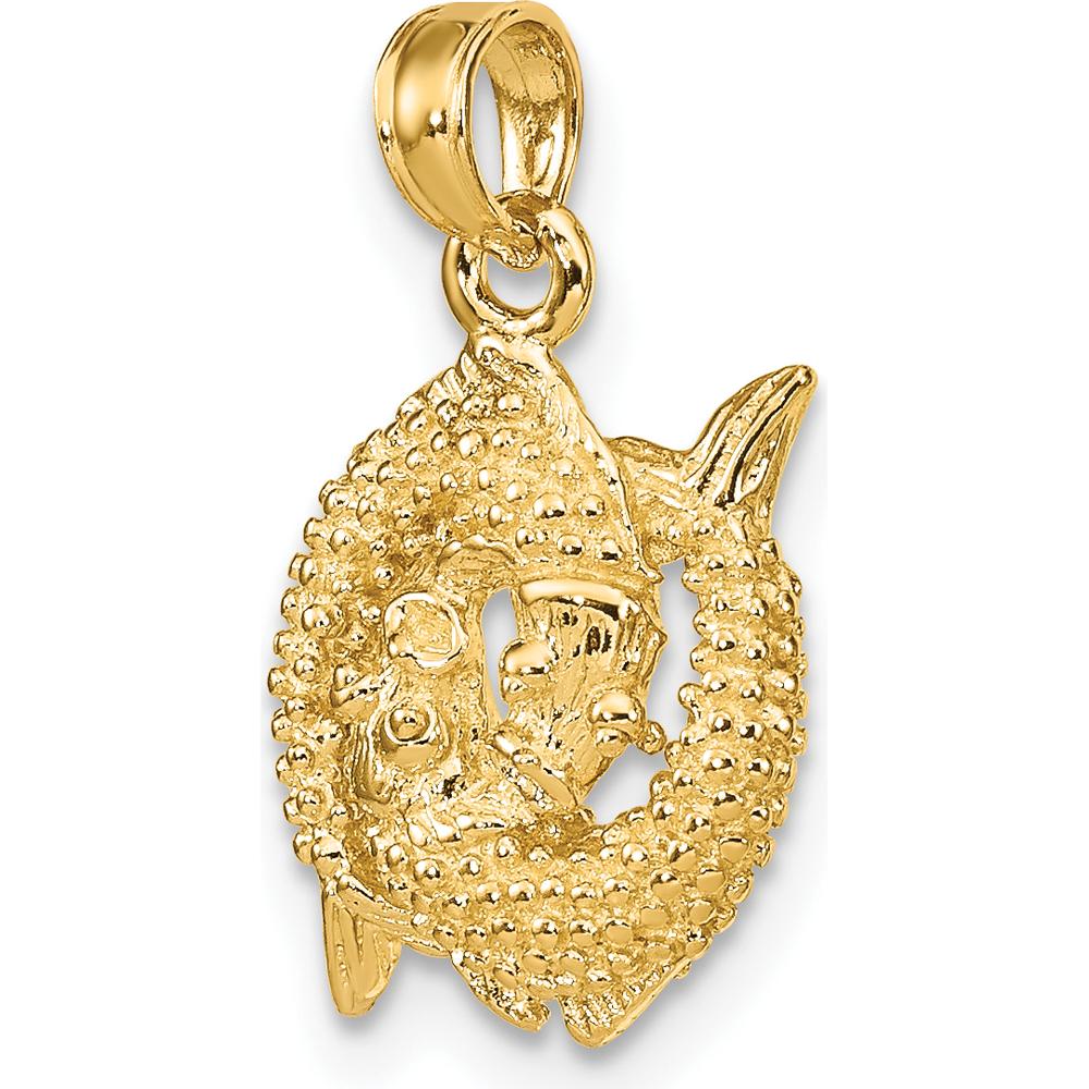 10K Yellow Gold 3D Pisces Zodiac Pendant with Textured Design - Polished Finish