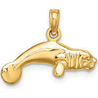10K Yellow Gold 3D Polished Swimming Manatee Charm - Nature-Inspired Ocean Pendant
