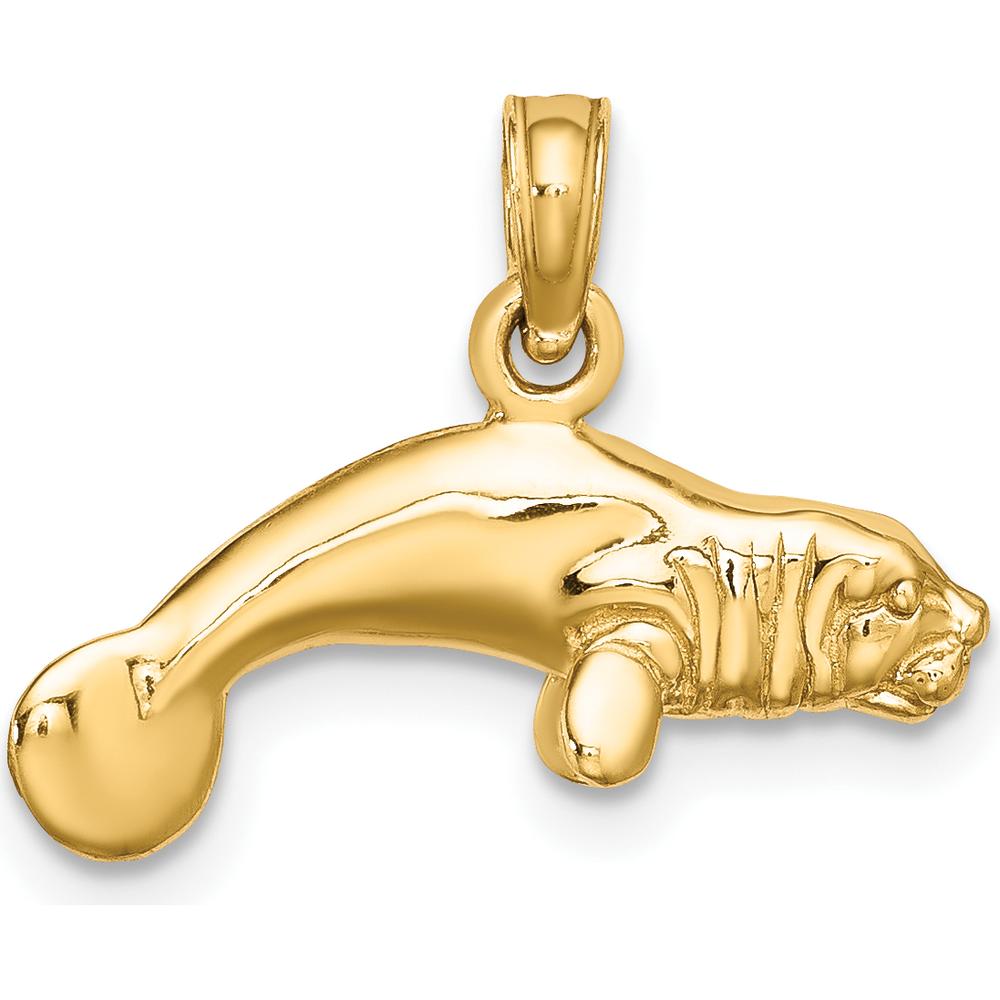 10K Yellow Gold 3D Polished Swimming Manatee Charm - Nature-Inspired Ocean Pendant