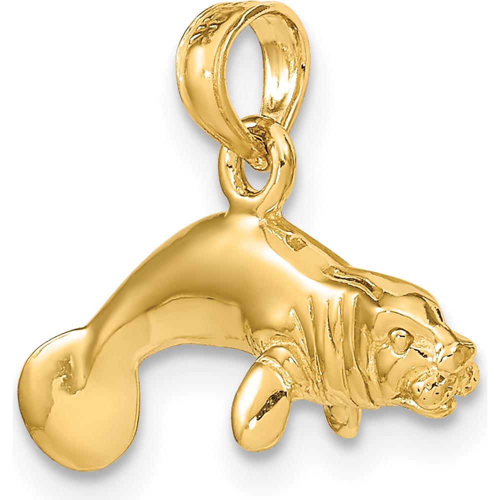10K Yellow Gold 3D Polished Swimming Manatee Charm - Nature-Inspired Ocean Pendant