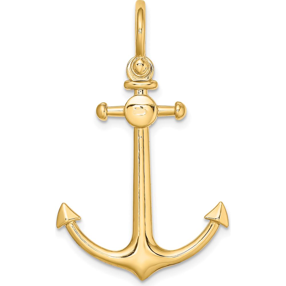 10K Yellow Gold 3D Small Anchor Pendant with Shackle Bail - 37.1mm Length