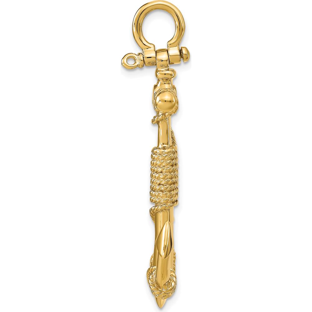 10K Yellow Gold 3D Solid Anchor with Rope Pendant