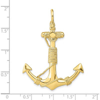 10K Yellow Gold 3D Solid Anchor with Rope Pendant