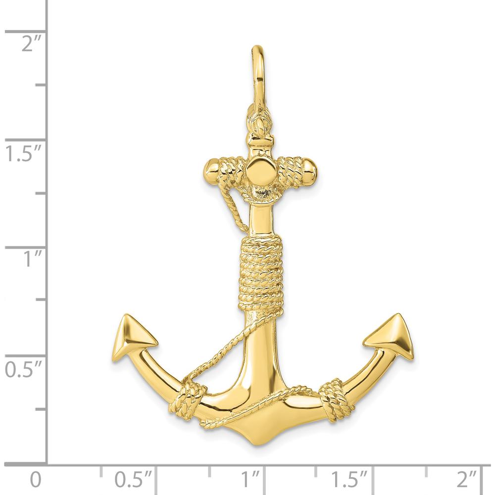 10K Yellow Gold 3D Solid Anchor with Rope Pendant