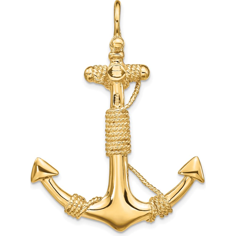 10K Yellow Gold 3D Solid Anchor with Rope Pendant