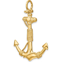 10K Yellow Gold 3D Solid Anchor with Rope Pendant
