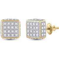 10K Yellow Gold 3D Square Stud Earrings with Prong-Set Round Diamonds - 0.25 Carat Total Diamond Weight
