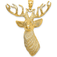 10K Yellow Gold 3D Textured Deer Head Pendant Charm - 55.45mm Length