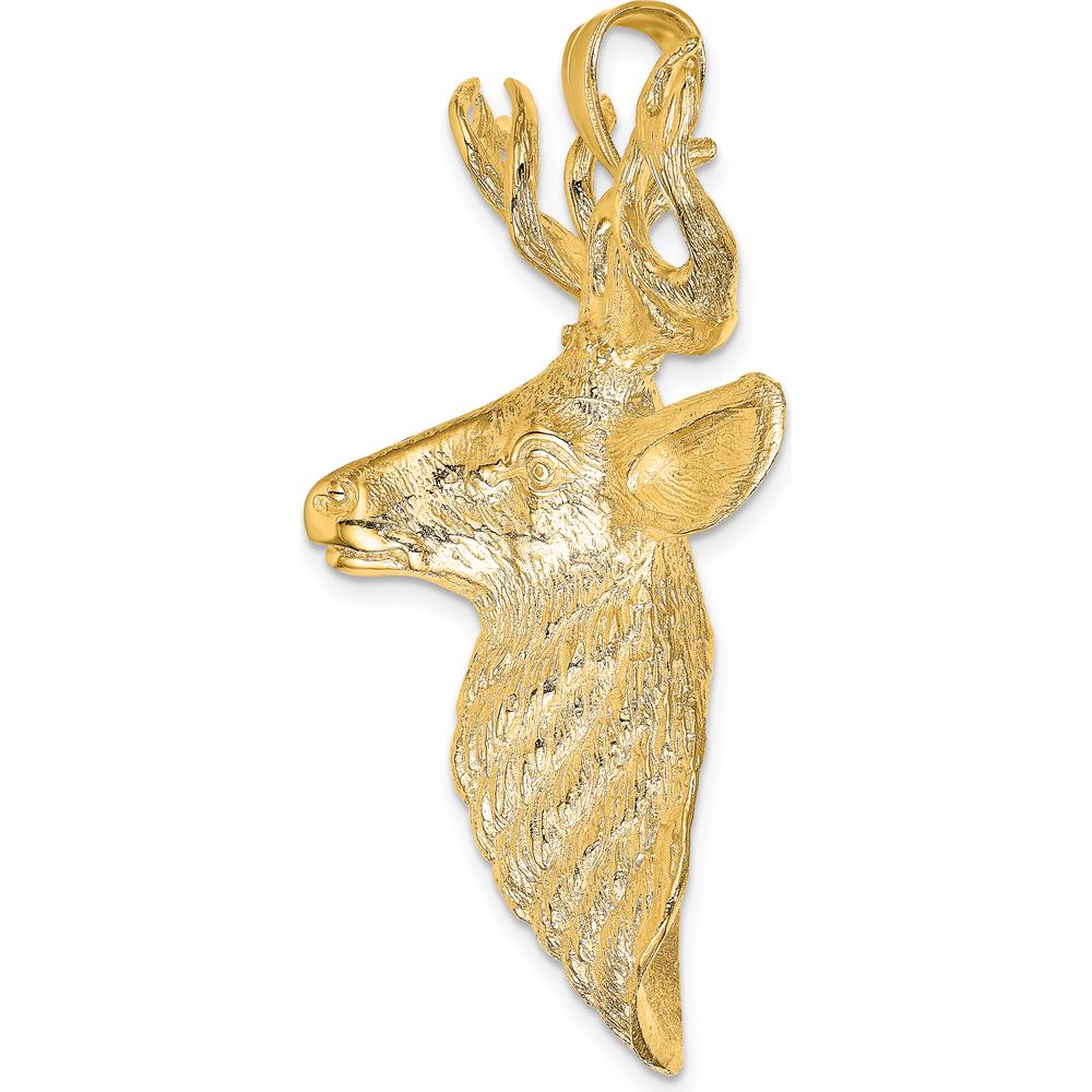 10K Yellow Gold 3D Textured Deer Head Pendant Charm - 55.45mm Length
