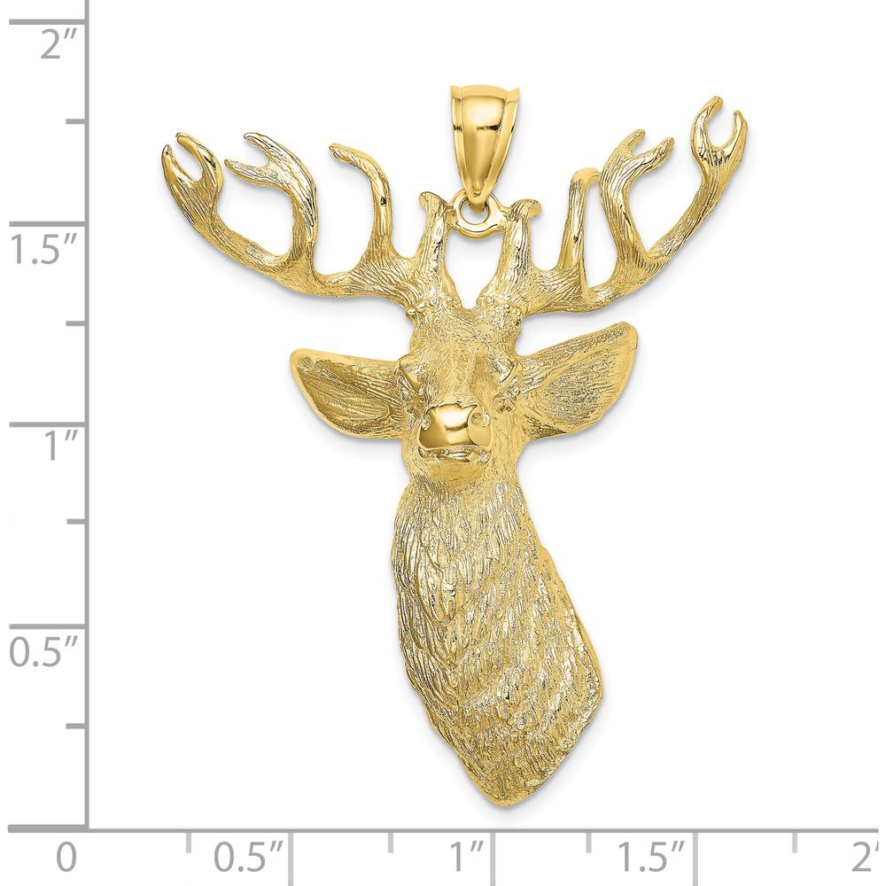 10K Yellow Gold 3D Textured Deer Head Pendant Charm - 55.45mm Length