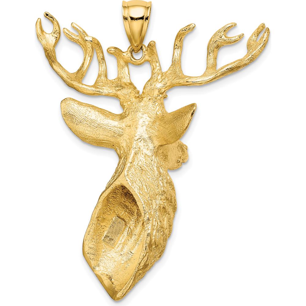 10K Yellow Gold 3D Textured Deer Head Pendant Charm - 55.45mm Length