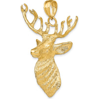 10K Yellow Gold 3D Textured Deer Head Pendant Charm - 55.45mm Length