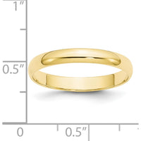 10K Yellow Gold 3mm Polished Half Round Lightweight Wedding Band - Size 11.5