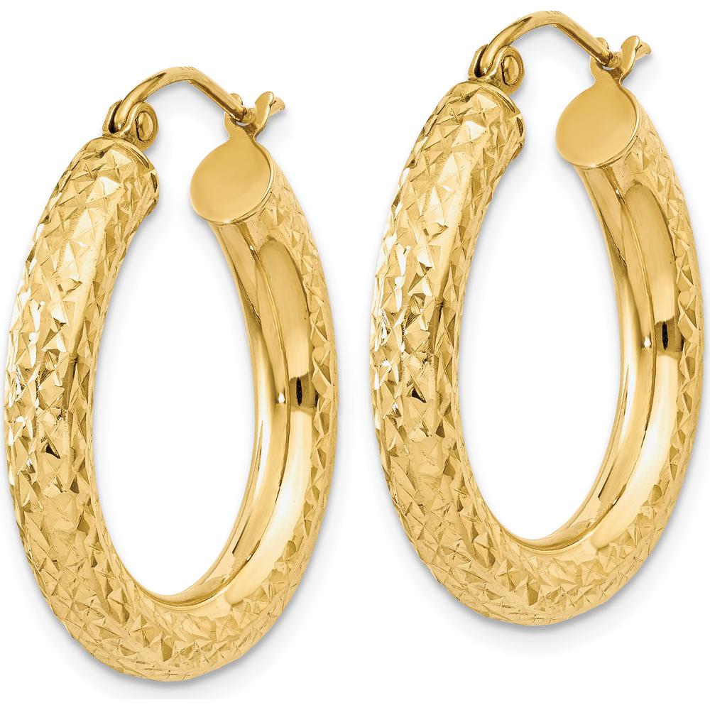 10K Yellow Gold 4mm Diamond-Cut Round Hoop Earrings - 25mm Length