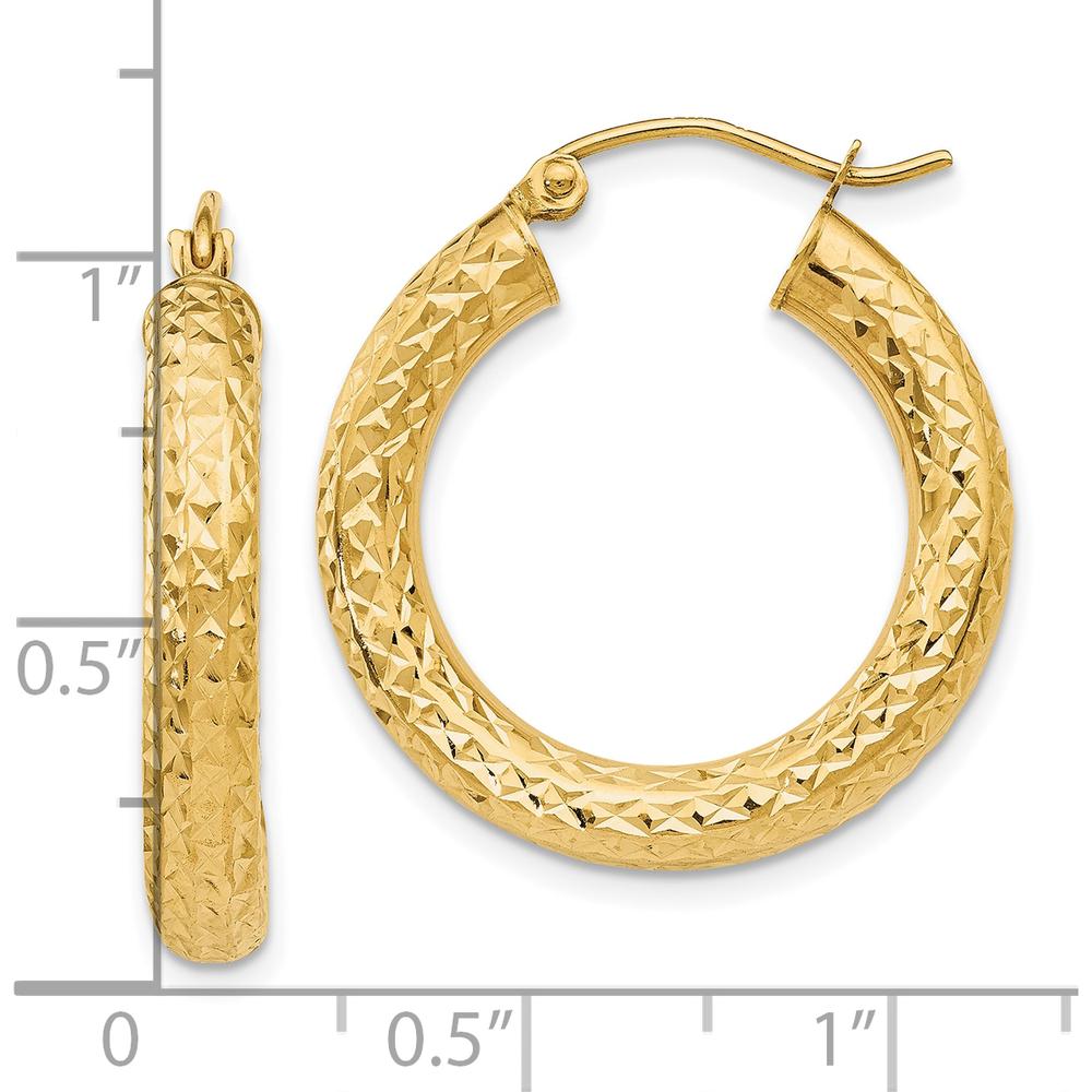 10K Yellow Gold 4mm Diamond-Cut Round Hoop Earrings - 25mm Length