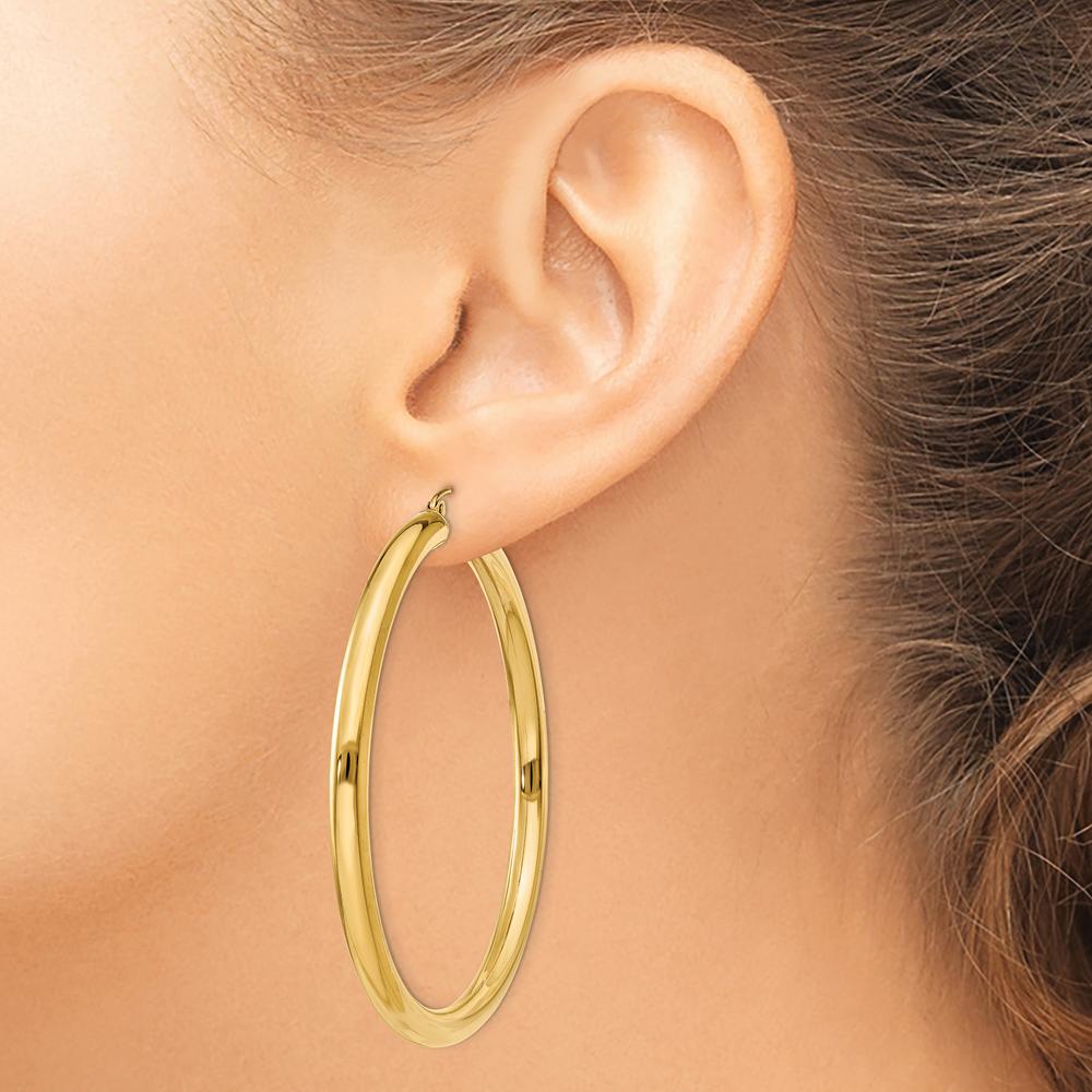 10K Yellow Gold 4mm Polished Tube Hoop Earrings - 46mm Length