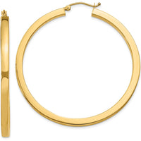 10K Yellow Gold 50mm Polished Square Hoop Earrings - 3mm Thick